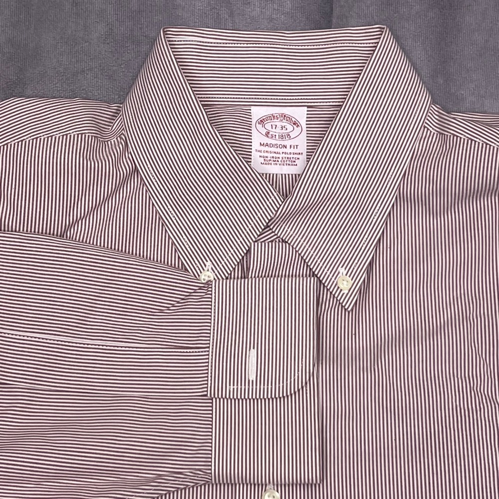 Brooks Brothers Dress Shirt Mens 17 35 Burgundy Stripe Madison Fit Non-Iron